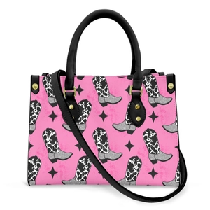 Pink and black cowgirl boot pattern PU leather tote bag with star motifs and top handles