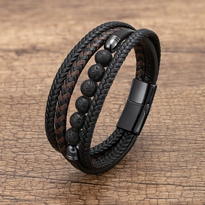 Multilayer Leather Braided Bracelet With Stainless Steel Magnetic Clasp And Natural Stone Beads For Men Casual Vintage Style