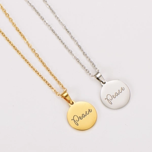 Peace Letter Inscribed Round Pendant Necklace 304 Stainless Steel 18K Gold Plated Minimalist Jewelry For Women