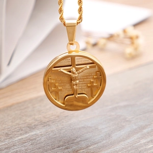 Men's hip hop gold cross pendant necklace with Jesus relief and Spanish Lord's Prayer