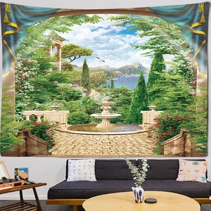 Detail of wall tapestry featuring a classic European garden fountain and sea landscape