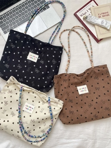 Women Corduroy Tote Bag Sweet Bow Heart Print Colorful Beaded Handle Shoulder Handbag Magnetic Closure Canvas Lining