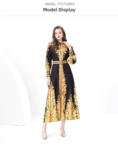 Detail of baroque print maxi dress with stand collar and elegant gold pattern