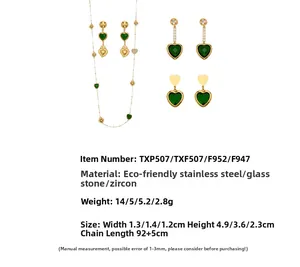 Detailed view of luxury green heart gemstone necklace and earrings jewelry set