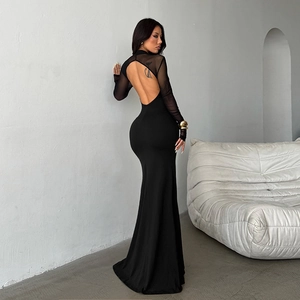 Sexy backless black mesh slit dress with long sleeves and bodycon fit for women