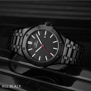 All black stainless steel men's watch with octagonal bezel and red second hand