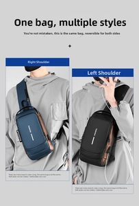 Detailed view of the dual-sided reversible shoulder strap system on water-resistant chest bag