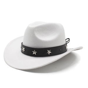 White felt western cowboy hat with black leather band and silver star studs on white background