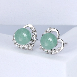 Exquisite S925 silver heart stud earrings with green gemstones and sparkling white zircons