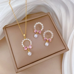 Pink Heart Bow Artificial Pearl Jewelry Set Women Zircon Pendant Necklace Silver Earring Post Elegant Titanium Steel Gold Plated