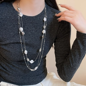 French vintage layered pearl necklace with silver chain and irregular crystal pendants