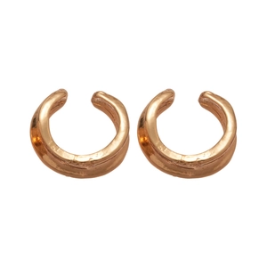 Minimalist gold geometric C-shaped ear cuffs with a polished metallic finish on white background