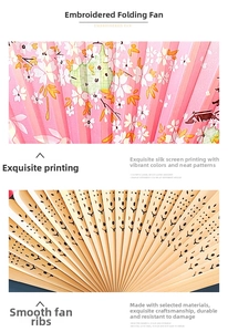 Detail of pink floral silk fan surface and intricate bamboo hollow carving craftsmanship
