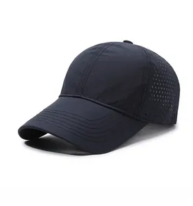 Close-up of laser-cut breathable holes and mountain peak print on quick-dry cap