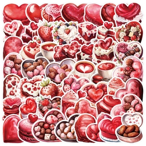 Detail of waterproof Valentine's Day stickers featuring hearts, desserts and coffee