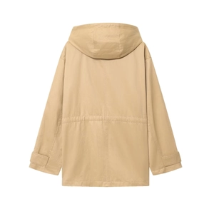 Women's khaki hooded street jacket with back view drawstring waist and long sleeves