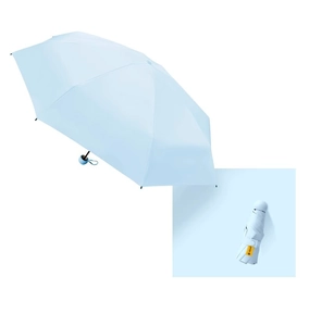 Light blue compact folding umbrella showing open canopy and closed portable capsule design