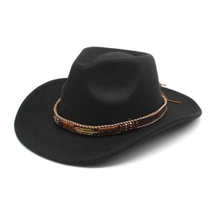 Black wool felt western cowboy hat with wide brim and beaded feather decorative band