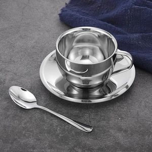 Coffee Cup With Saucer And Spoon 304 Stainless Steel Double Wall Insulated Modern European Style For Home Office Cafe