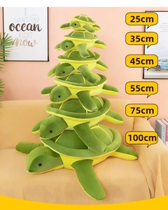 Stack of green sea turtle plush toys in six sizes ranging from 25cm up to 100cm
