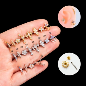 Stainless Steel Zircon Flower Cross Heart Anchor Star Cartilage Stud Earrings Double Head Screw Back Jewelry For Women