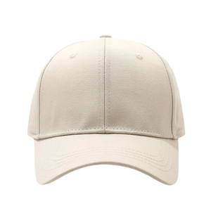 Classic beige six-panel cotton baseball cap with curved brim and structured crown