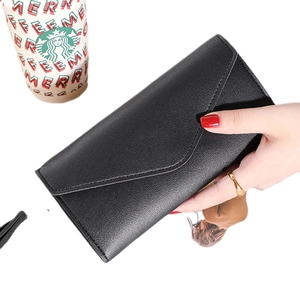 Elegant black lychee grain faux leather long wallet with V-shaped flap and wrist strap