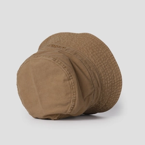 Detailed view of brown washed cotton bucket hat with side brand lettering and stitched brim