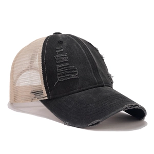 Vintage distressed trucker cap with black washed denim and khaki mesh paneling
