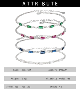Detail specifications of 925 silver bracelets with colorful square CZ stones