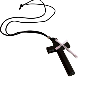 Leather and wood double cross pendant necklace with black cord for a trendy look