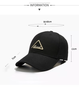 Detailed dimensions of the black baseball cap with golden triangle logo and 56-60cm size
