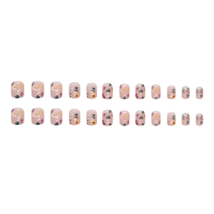 Pink floral square press-on nails set with colorful flower patterns on a white background