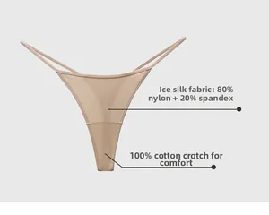 Detail of nude ice silk thong featuring breathable 100% cotton crotch lining