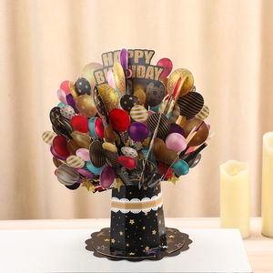Detailed 3D pop-up birthday card with colorful balloons in a black star vase