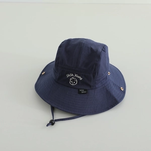 Navy blue kids sun hat with adjustable drawstring and custom embroidered logo detail