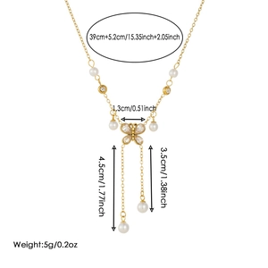 Gold butterfly pendant necklace with pearls and tassel chain for women's jewelry
