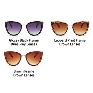 Women's cat eye sunglasses in black, leopard, and tawny frames with metal bridge