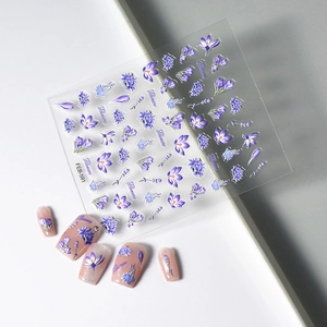 Romantic purple flower embossed nail stickers set with floral patterns for DIY manicure