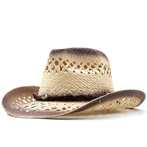 Men's western straw cowboy hat with hollow patterns and evil eye decorative band