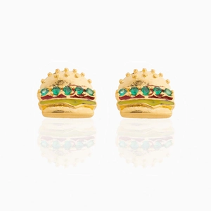 Creative 18K gold plated burger stud earrings with colorful cubic zirconia and enamel detail