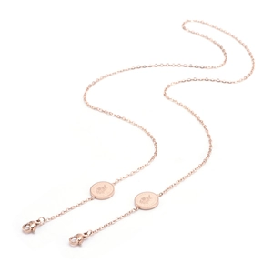 Roségoldene Edelstahl-Brillenkette mit doppelten Karabinerverschlüssen und Münzanhängern