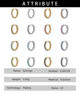 Detail showing 16 pairs of S925 silver hoop earrings with colorful CZ zircon stone inlays