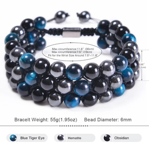 Triple layer braided bracelet with blue tiger eye, hematite, and obsidian beads