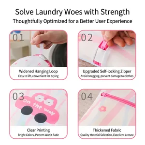 Thickened printed laundry wash bag for delicates with pink zipper and hang rope