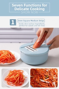 Kitchen slicer detail showing 3mm carrot julienne shreds with blue grater container