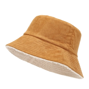 Winter double-sided corduroy bucket hat with warm fleece lining in brown and white