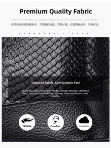 Close-up of black PU leather bag with scale-embossed texture and litchi grain finish