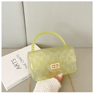 Detail of yellow transparent jelly bag featuring quilted pattern and pearl handle