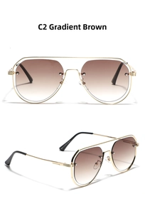Detail of aviator sunglasses with C2 gradient tea lenses and golden metal frame